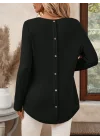 MetuCa Kadın Siyah Uzun Kollu Sırtı Düğmeli Bisiklet Yaka Waffle Kumaş Bluz Tunik
