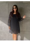 Kadın Uzun Kollu Yuvarlak Yaka Kol Ve Etek Ucu Dantelli Kısa Ithal Krep Elbise