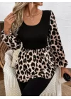Kadın Uzun Kollu Yuvarlak Yaka Leopar Desenli Viskon Bluz