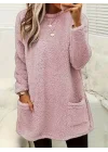 Kadın Uzun Kollu Yuvarlak Yakalı Cepli Peluş Bluz