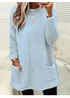 Kadın Uzun Kollu Yuvarlak Yakalı Cepli Peluş Bluz
