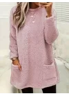 Kadın Uzun Kollu Yuvarlak Yakalı Cepli Peluş Bluz