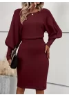Kadın Uzun Yarasa Kollu Yakası Açık Belden Oturtmalı Kısa Triko Elbise
