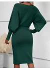 Kadın Uzun Yarasa Kollu Yakası Açık Belden Oturtmalı Kısa Triko Elbise