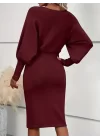 Kadın Uzun Yarasa Kollu Yakası Açık Belden Oturtmalı Kısa Triko Elbise