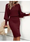 Kadın Uzun Yarasa Kollu Yakası Açık Belden Oturtmalı Kısa Triko Elbise