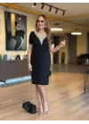 Kadın V Yaka Güpürlü İki İplik Elbise