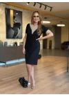 Kadın V Yaka Güpürlü İki İplik Elbise