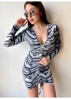 Kadın V Yaka önü Asansör Büzgü Detay Fırsat ürün Zebra Mini Elbise