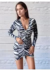 Kadın V Yaka önü Asansör Büzgü Detay Fırsat ürün Zebra Mini Elbise