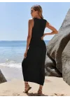 Kadın V Yaka Tam Askılı Tam Boy Ajurlu Triko Elbise
