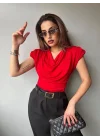 Kadın V Yaka Vatka Detay Kolsuz Dökümlü Bluz