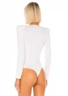 Kadın Beyaz Çift Katlı Sandy Vatkalı Derin V Yaka Uzun Kol Çıtçıtlı Tanga Bodysuit