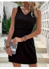 Kadın V Yakalı Belinde Gipe Detay Krep Elbise