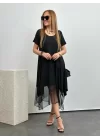 Kadın Viskon Kumaş Tül Detaylı Asimetrik Elbise