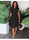 Kadın Yakalı Belden Oturmalı önden Büzgülü Dokuma Mini Elbise