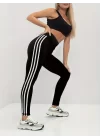 Kadın Yanları üç şerit çizgi Detaylı Yüksek Bel Toparlayıcı Dalgıç Spor Tayt