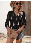 Kadın Yaprak Baskı Ayarlanabilir Truvakar Kol Süper Soft Bluz