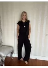 Kadın Yarasa Kol Dijital Baskı Detay Bluz Ve Yanı şerit Detay Kristal Kumaş Pantolon Ikili Takım