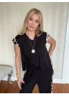 Kadın Yarasa Kol Dijital Baskı Detay Bluz Ve Yanı şerit Detay Kristal Kumaş Pantolon Ikili Takım