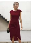 Kadın Yarım Ay Kollu Bisiklet Yaka Yandan Drapeli Ithal Krep Elbise