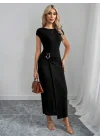 Kadın Yarım Ay Kollu Yuvarlak Yaka önünde Toka Detaylı Modal Maxi Elbise