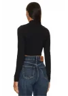Kadın Siyah Balıkçı Yaka Uzun Kollu Asimetrik Kesim Sandy Crop Bluz