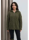 Kadın Yeşil Fermuarlı Saç Örgü Desenli Oversize Triko Kazak