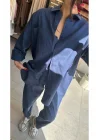 MetuCa Kadın Lacivert Gabardin Takım: Oversize Gömlek & Beli Lastikli Havuç Kesim Pantolon
