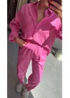 MetuCa Kadın Pembe Gabardin Takım: Oversize Gömlek & Beli Lastikli Havuç Kesim Pantolon