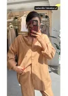 MetuCa Kadın Camel Gabardin Takım: Oversize Gömlek & Beli Lastikli Havuç Kesim Pantolon