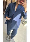 MetuCa Kadın Lacivert Gabardin Takım: Oversize Gömlek & Beli Lastikli Havuç Kesim Pantolon