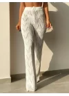 Kadın Yüksek Bel Bağcıklı Desenli Triko Plaj Pantolon