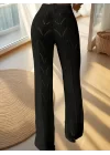 Kadın Yüksek Bel Bağcıklı Desenli Triko Plaj Pantolon