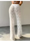 Kadın Yüksek Bel Bağcıklı Desenli Triko Plaj Pantolon