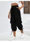 Kadın Yüksek Bel Beli Lastikli Bağcıklı Cepli Kargo Viskon Iki Iplik Pantolon