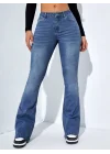 Kadın Yüksek Bel Cepli İspanyol Paçalı Kot Jeans Pantolon