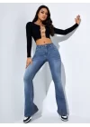 Kadın Yüksek Bel Cepli İspanyol Paçalı Kot Jeans Pantolon