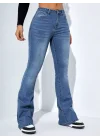 Kadın Yüksek Bel Cepli İspanyol Paçalı Kot Jeans Pantolon