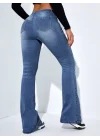 Kadın Yüksek Bel Cepli İspanyol Paçalı Kot Jeans Pantolon