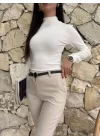 Kadın Yüksek Bel Dar Paça Kemer Dahil Kumaş Pantolon