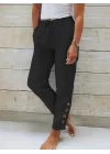 Kadın Yüksek Bel Lastikli Yandan Düğmeli Ithal Keten Pantolon