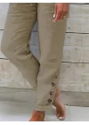 Kadın Yüksek Bel Lastikli Yandan Düğmeli Ithal Keten Pantolon