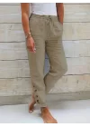 Kadın Yüksek Bel Lastikli Yandan Düğmeli Ithal Keten Pantolon