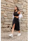Kadın Yüksek Bel önden Yırtmaçlı Cepli Midi Kot Etek