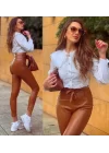Kadın Yüksek Bel Yanlardan Incili Yırtmaçlı Uzun Deri Tayt