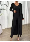 Kadın Yuvarlak Yaka Askılı Krop Bluz Yüksek Bel Tayt Ve Uzun Hırka şardonlu Kaşkorse üçlü Takım