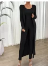 Kadın Yuvarlak Yaka Askılı Krop Bluz Yüksek Bel Tayt Ve Uzun Hırka şardonlu Kaşkorse üçlü Takım