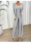 Kadın Yuvarlak Yaka Askılı Krop Bluz Yüksek Bel Tayt Ve Uzun Hırka şardonlu Kaşkorse üçlü Takım