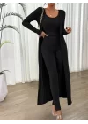 Kadın Yuvarlak Yaka Askılı Krop Bluz Yüksek Bel Tayt Ve Uzun Hırka şardonlu Kaşkorse üçlü Takım